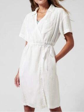Athleta “Playa” 100% Linen Wrap Dress White Short Sleeve Side Tie Size 6